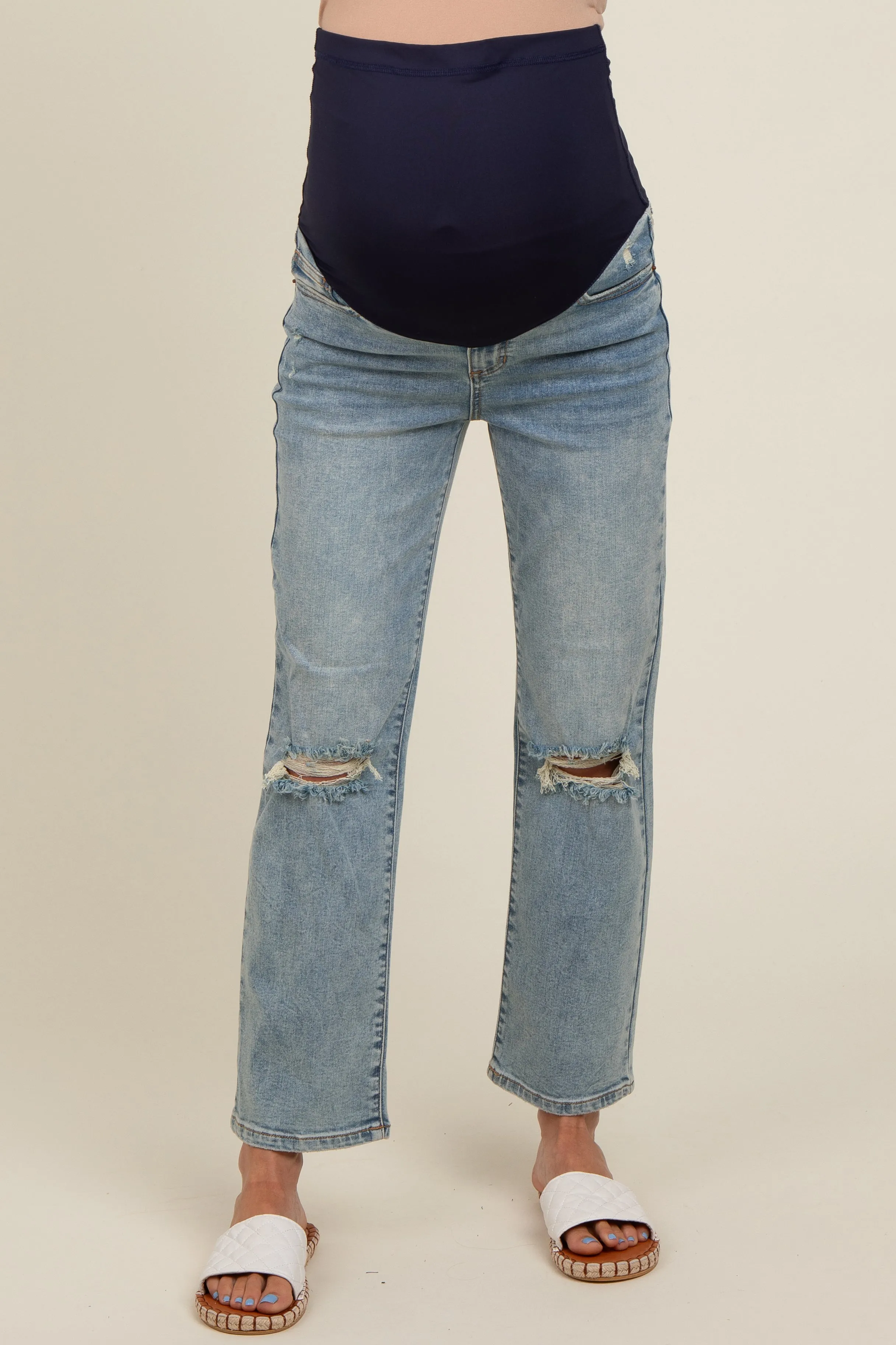 Light Blue Distressed Knee Crop Maternity Jeans