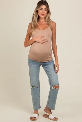 Light Blue Distressed Knee Crop Maternity Jeans