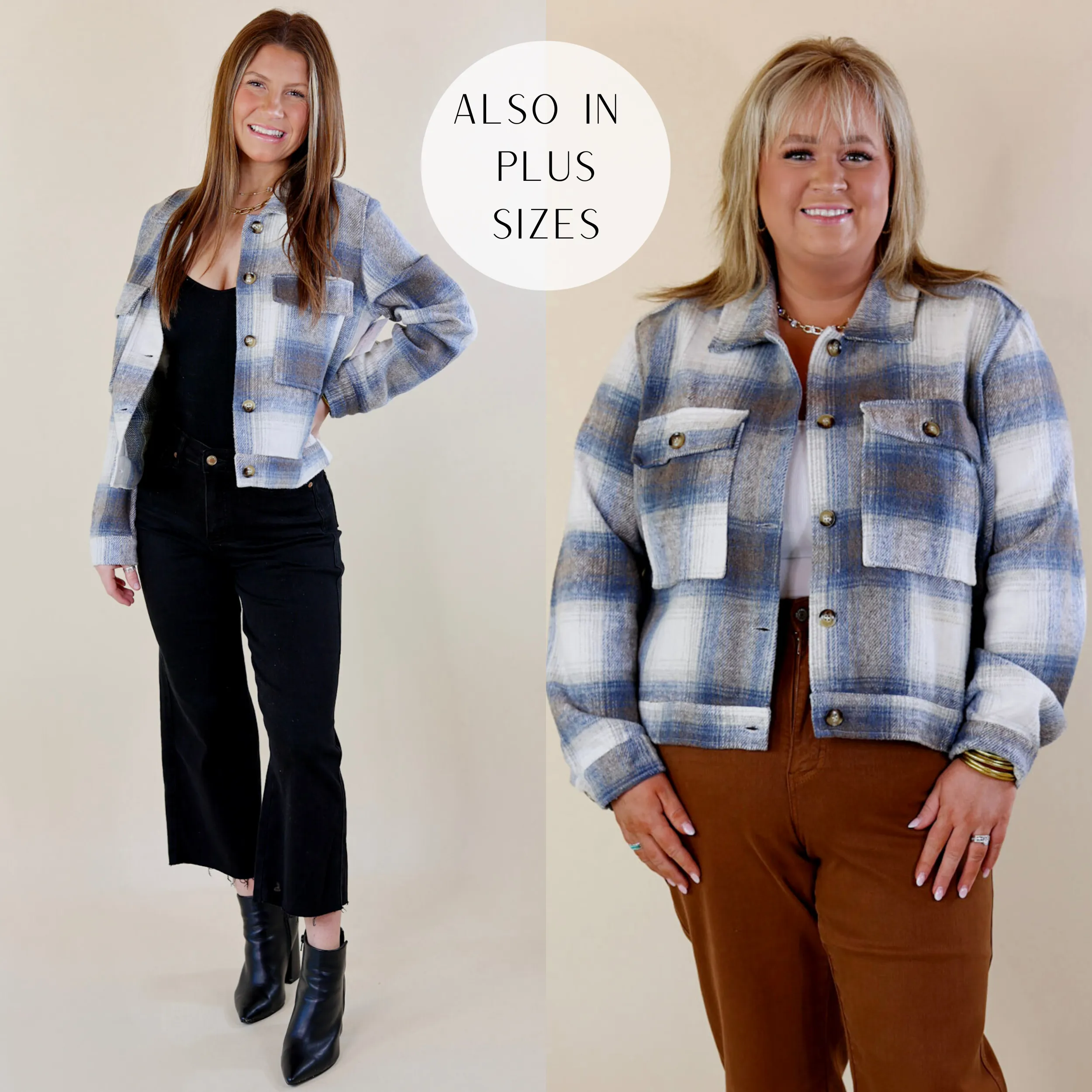 Lost In the Redwoods Button Up Cropped Plaid Jacket in Blue Mix