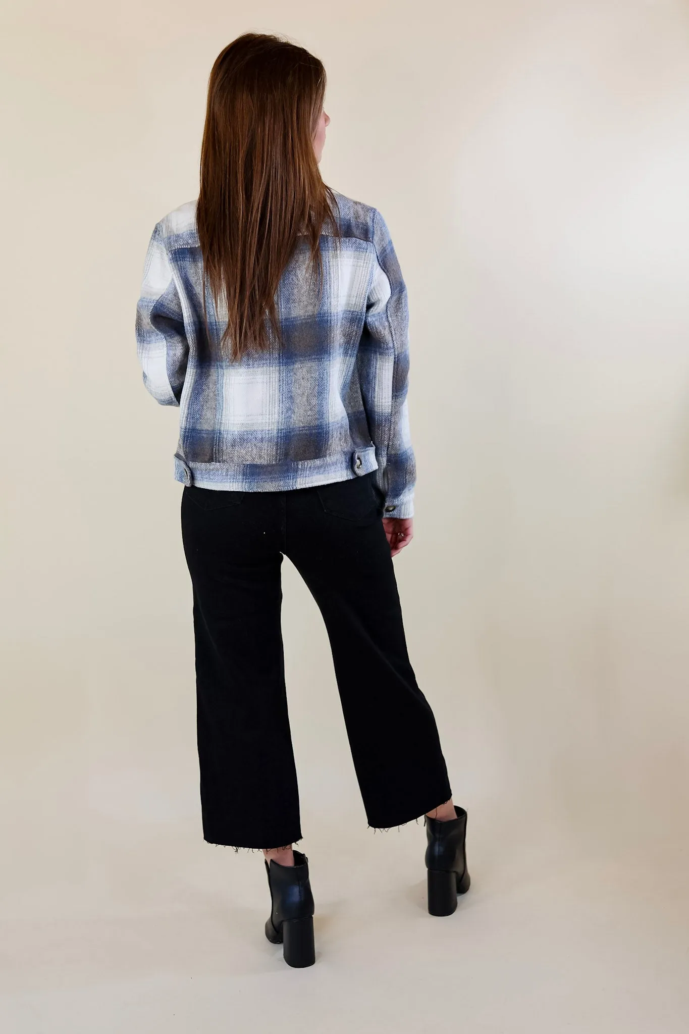 Lost In the Redwoods Button Up Cropped Plaid Jacket in Blue Mix