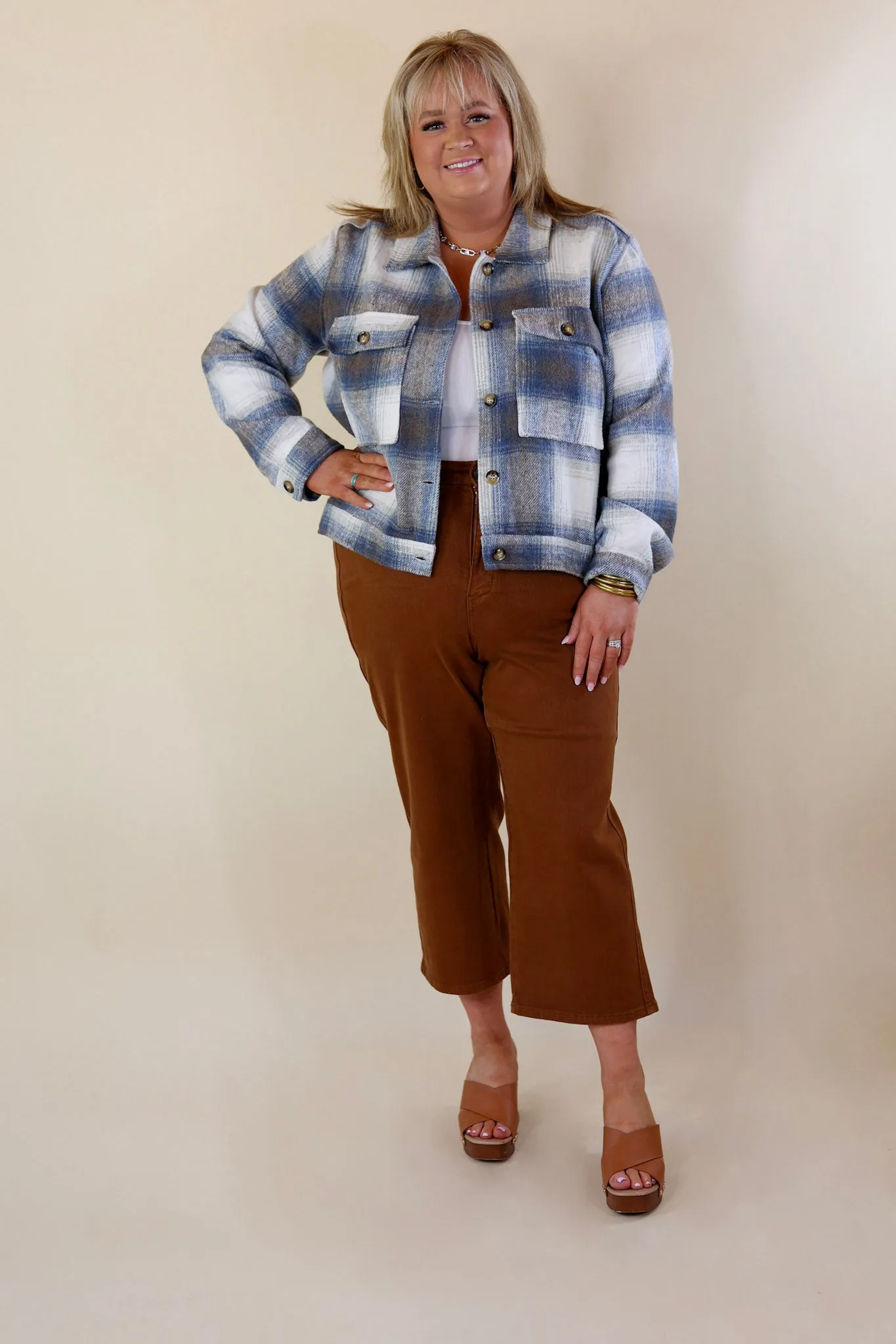 Lost In the Redwoods Button Up Cropped Plaid Jacket in Blue Mix