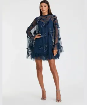 Mac Duggal Embellished Long Flare Sleeve Mesh A-Line Dress In Twilight