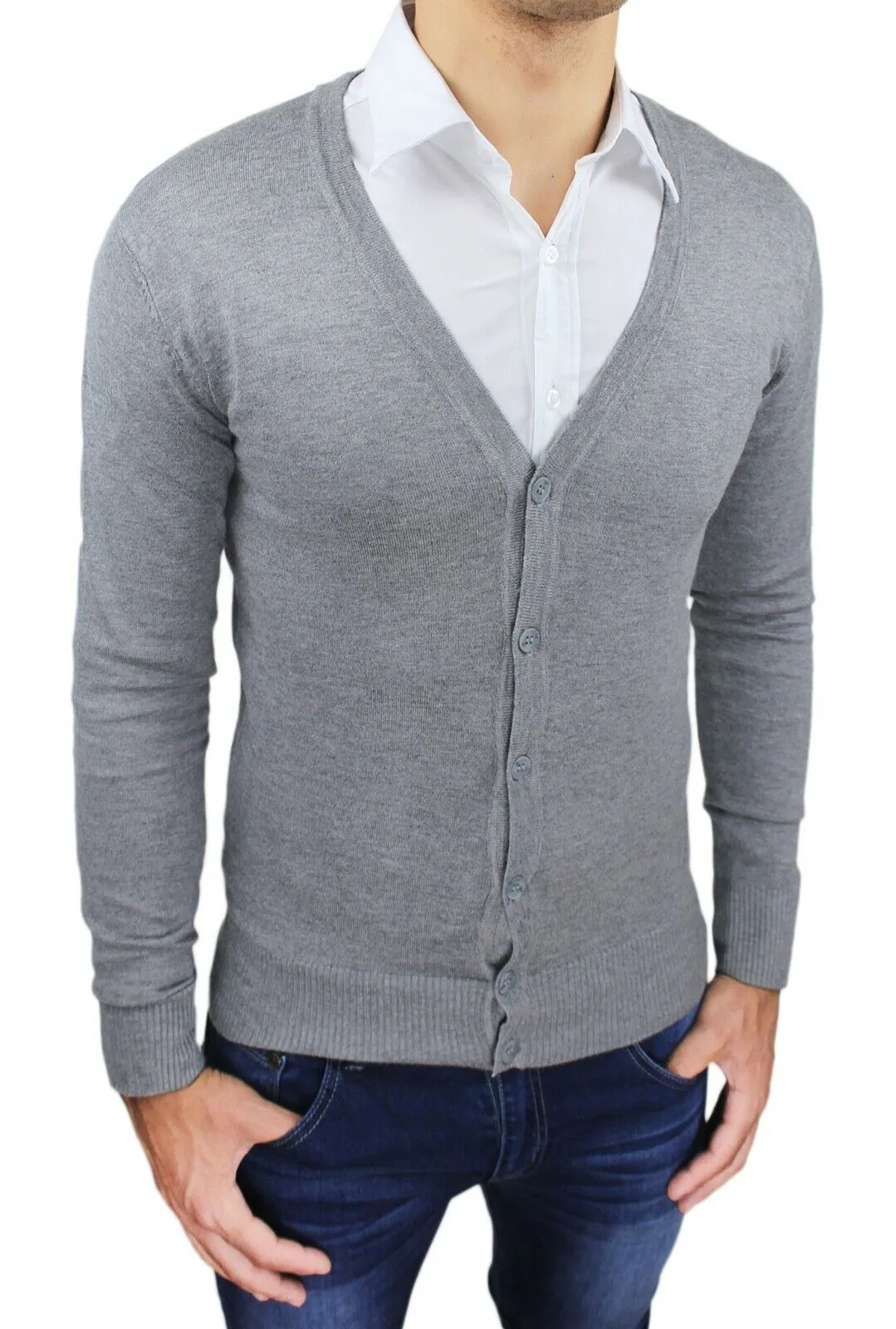 MAGLIONCINO CARDIGAN UOMO SLIM FIT GRIGIO MAGLIA PULLOVER BOTTONI da M a XXXL