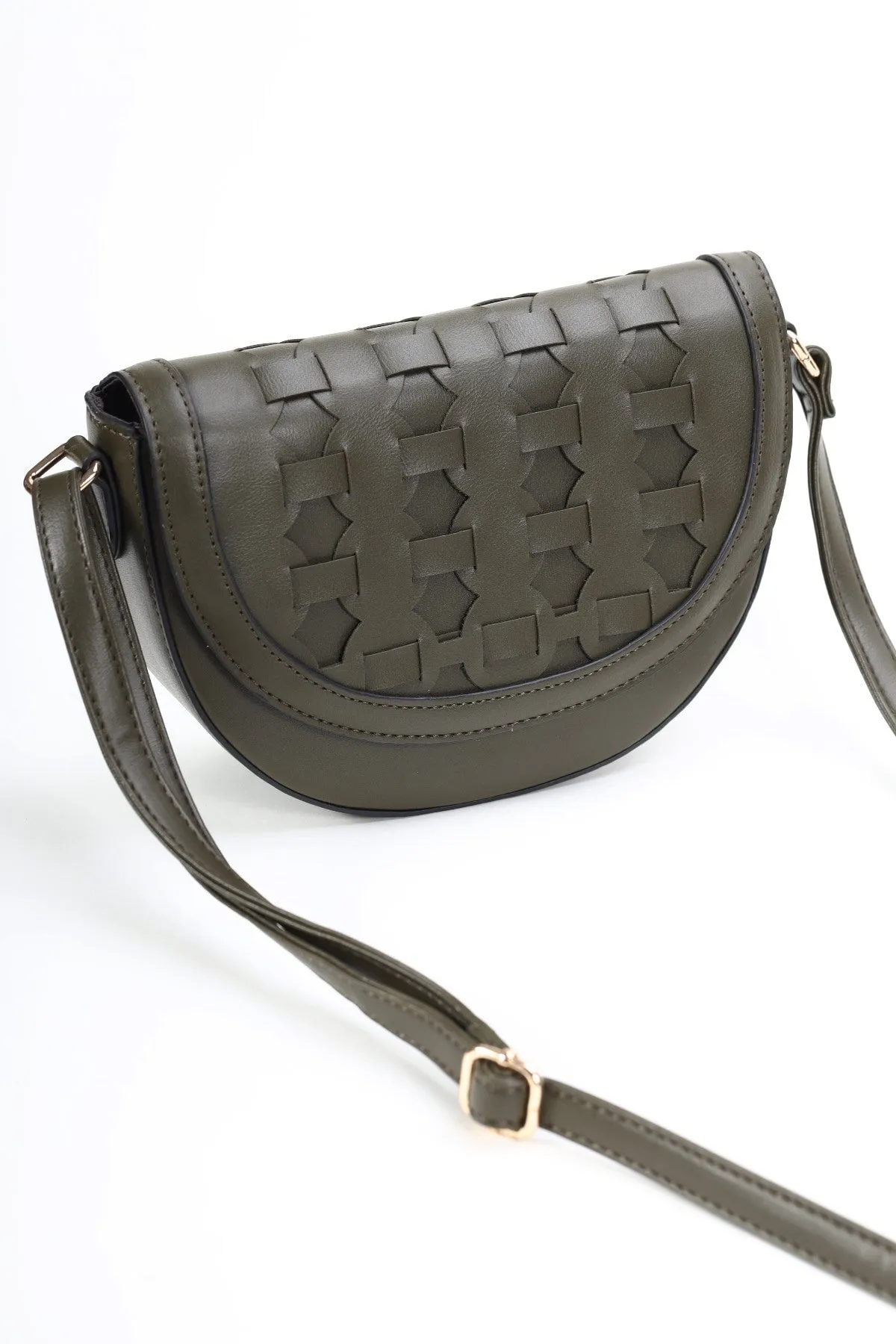 Olive Green Woven Crossbody Saddle Bag