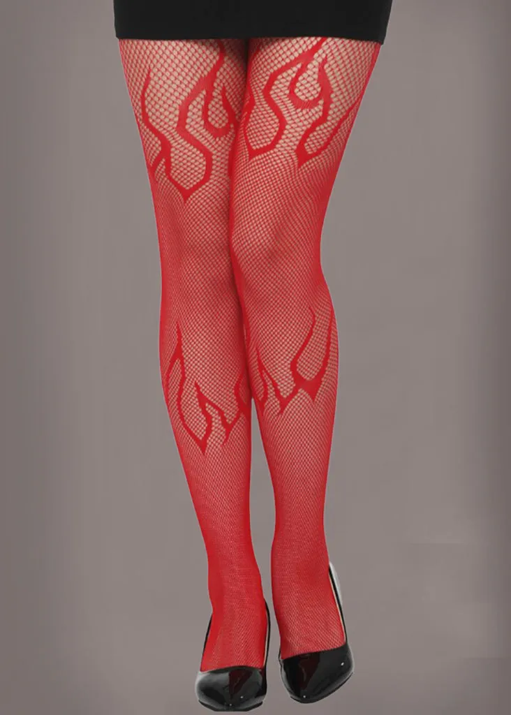 On Fire Red Flames Fishnet Tights