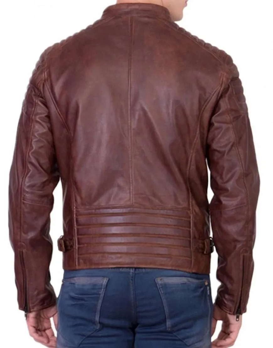 Padded Shoulder Biker Motorcycle Leather Brown Jacket - Ujackets