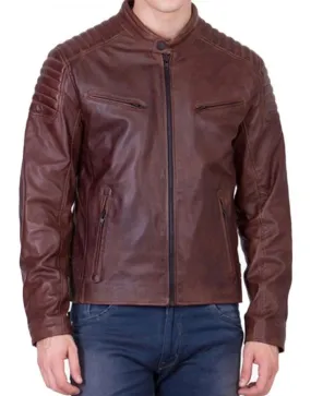 Padded Shoulder Biker Motorcycle Leather Brown Jacket - Ujackets