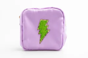 Purple Small Nylon Pouch with lightning bolt patch