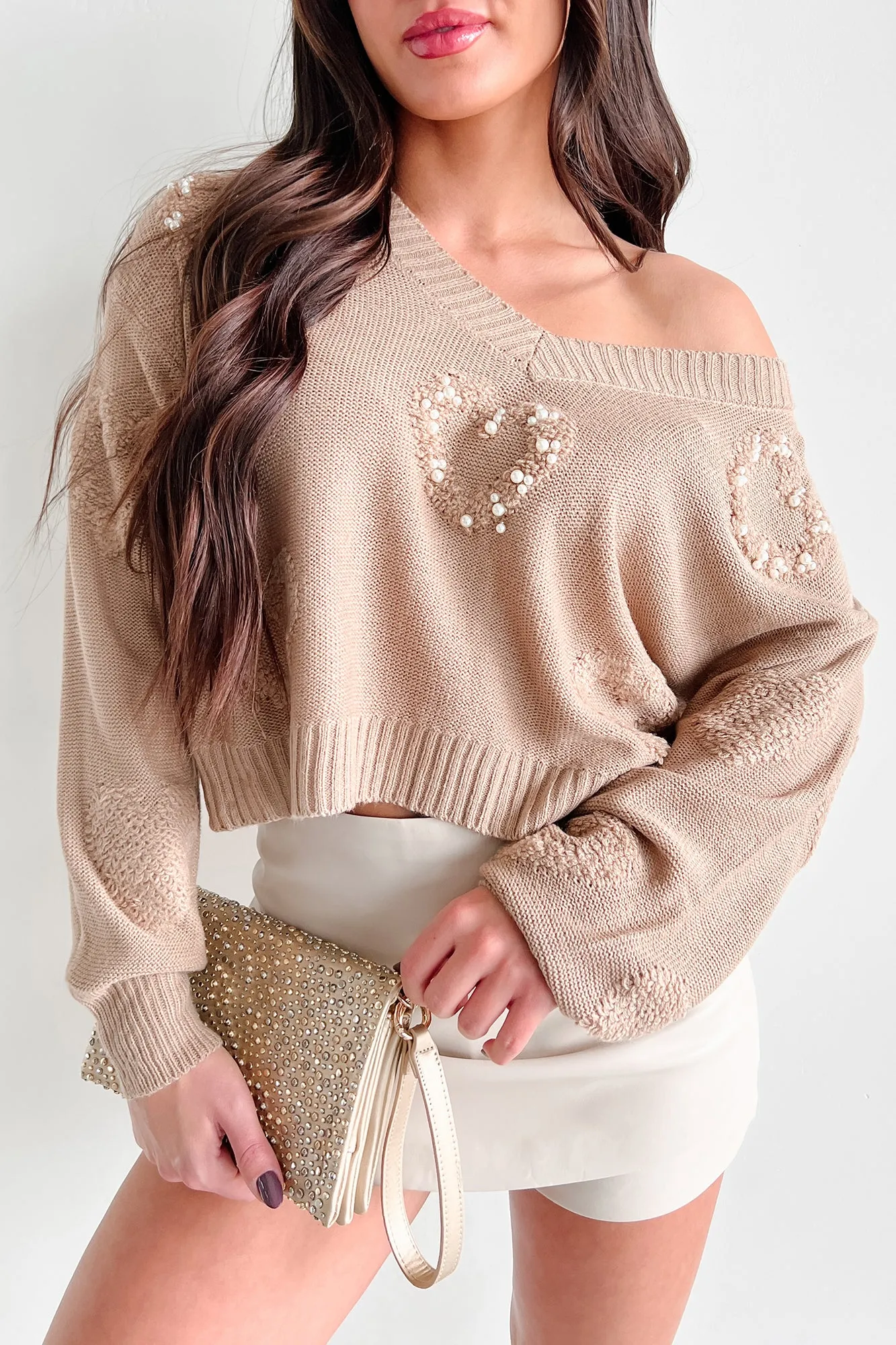 Relentless Devotion Textured Pearl Heart Sweater (Khaki)