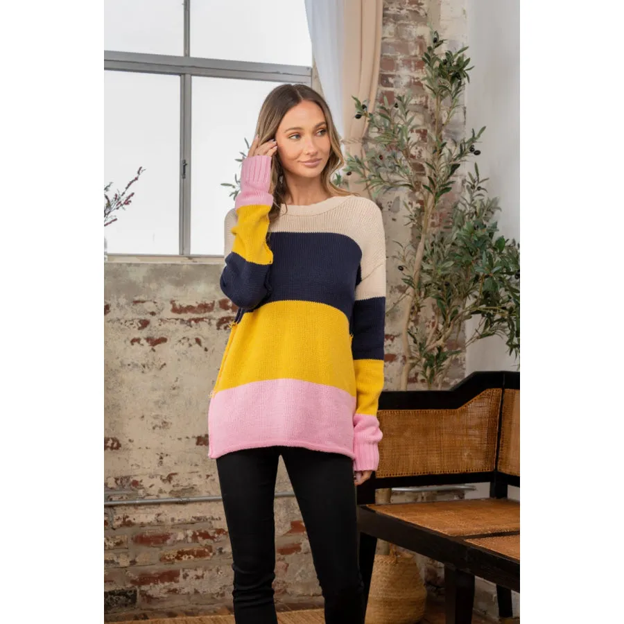 Sew In Love Full Size Color Block Exposed Seam Sweater