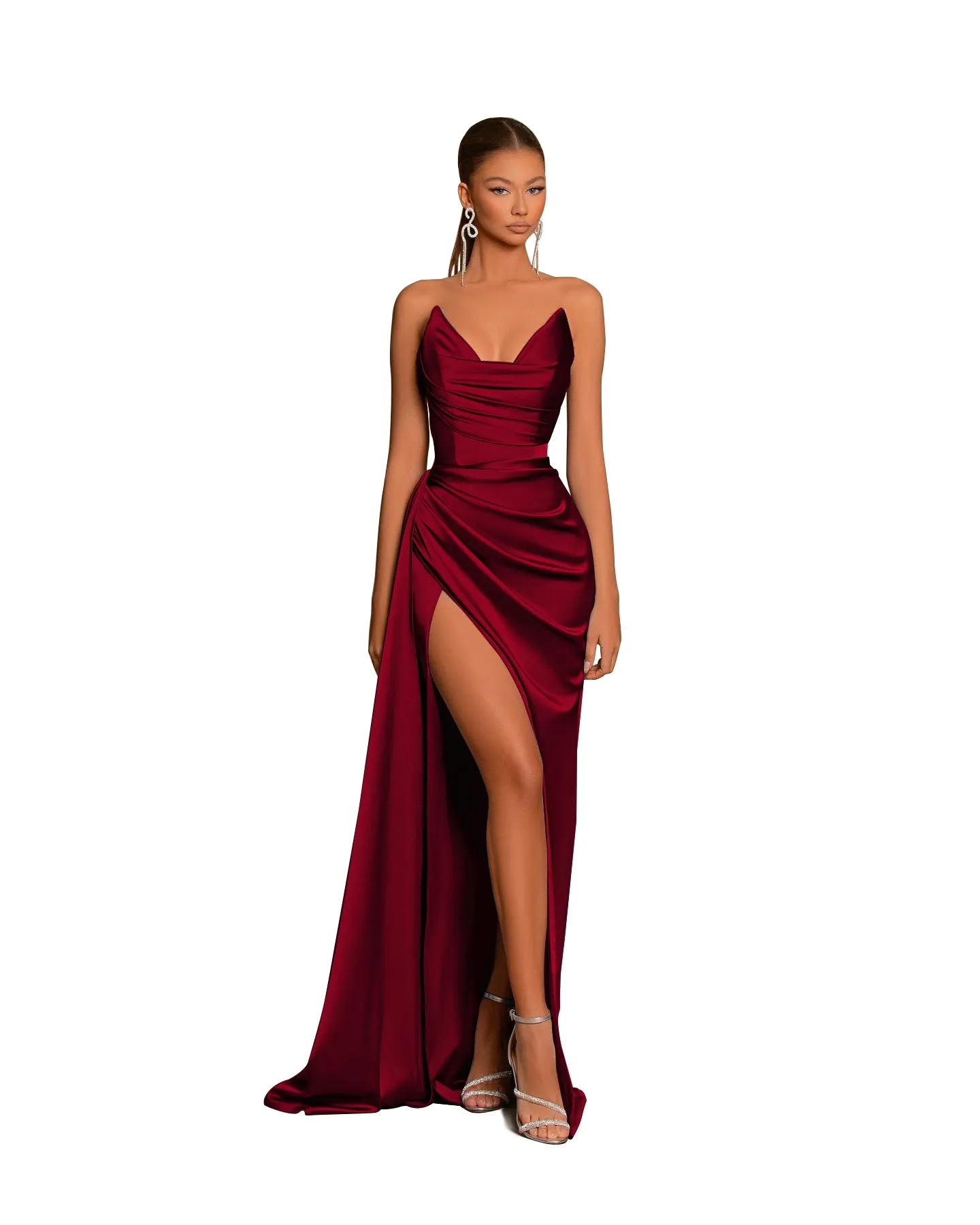 Sexy V-Neck Satin Pleated Side Slit Long Bridesmaid Dress QB3058