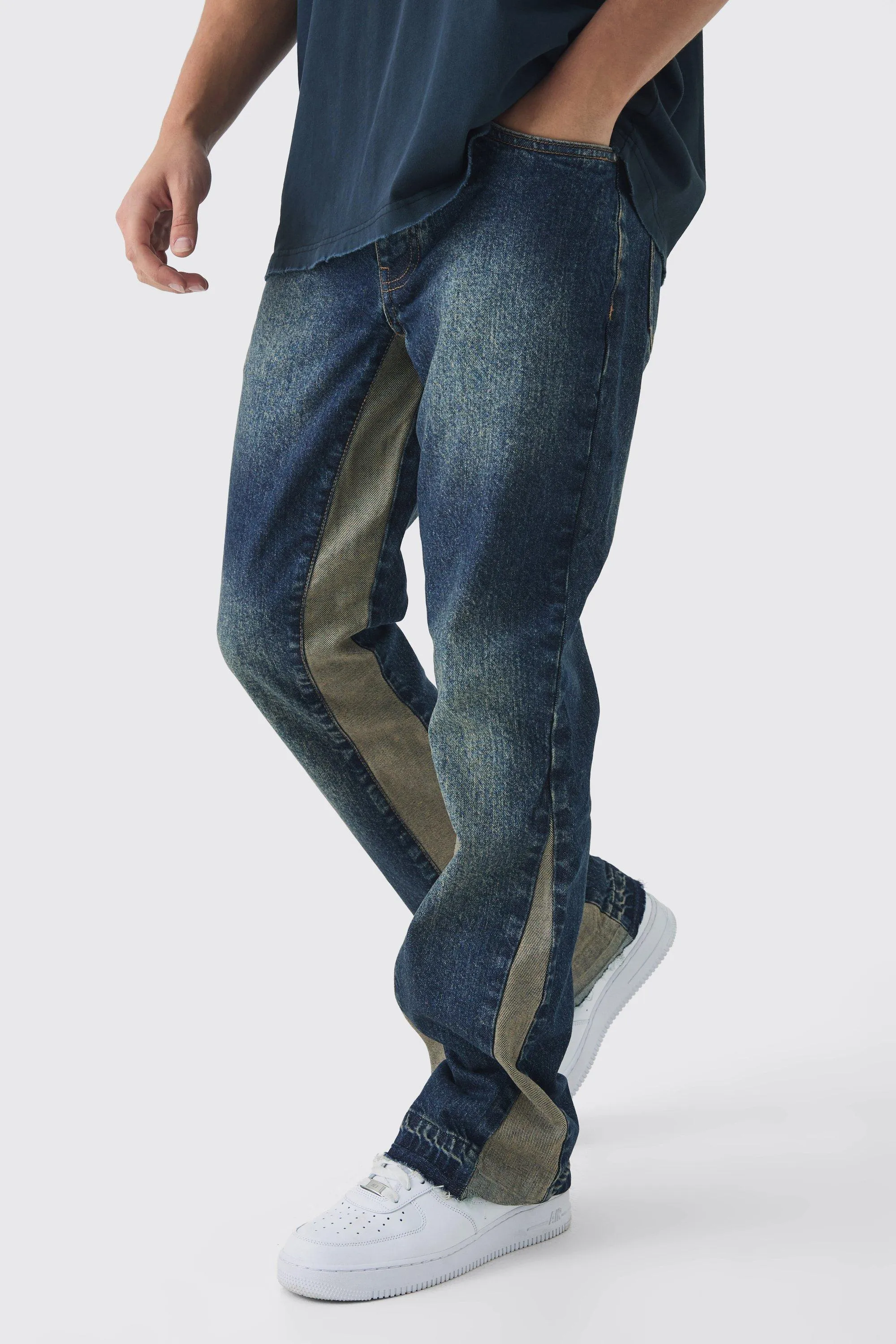 Slim Rigid Flare Distressed Gusset Panel Acid Washed Denim Jeans