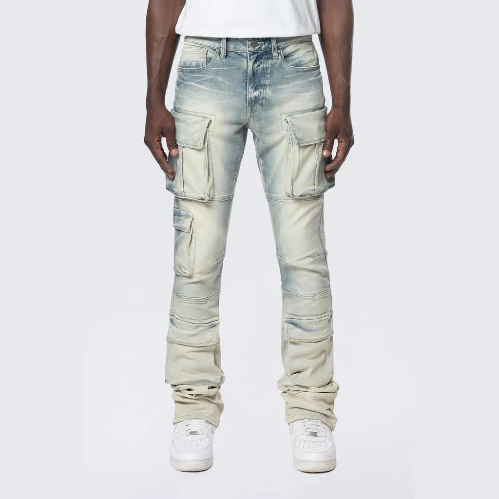 Stacked Utility Multi Pocket Cargo Jeans - Ombre Blue