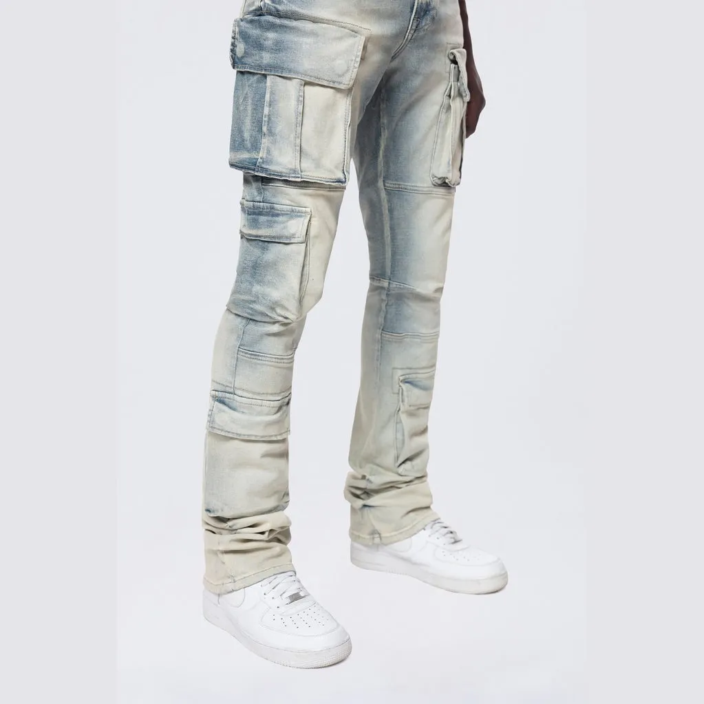 Stacked Utility Multi Pocket Cargo Jeans - Ombre Blue