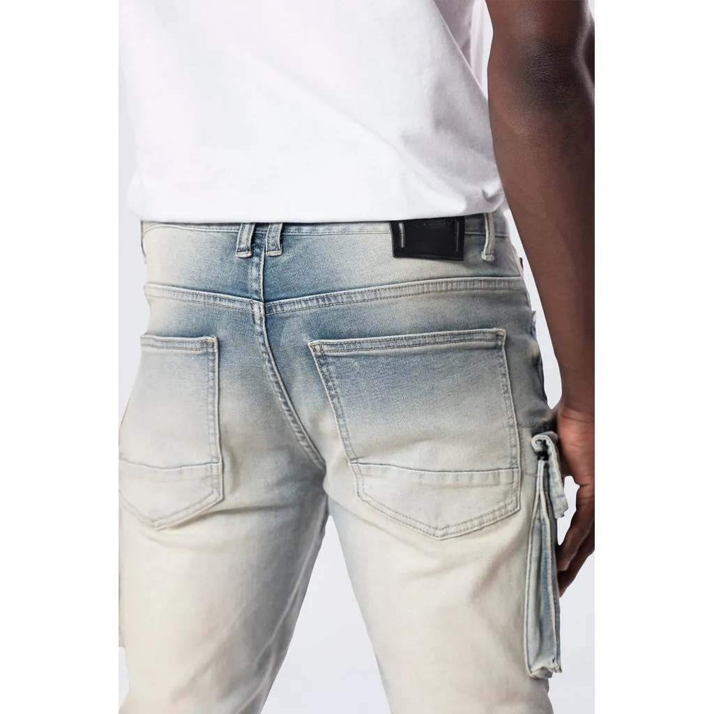 Stacked Utility Multi Pocket Cargo Jeans - Ombre Blue