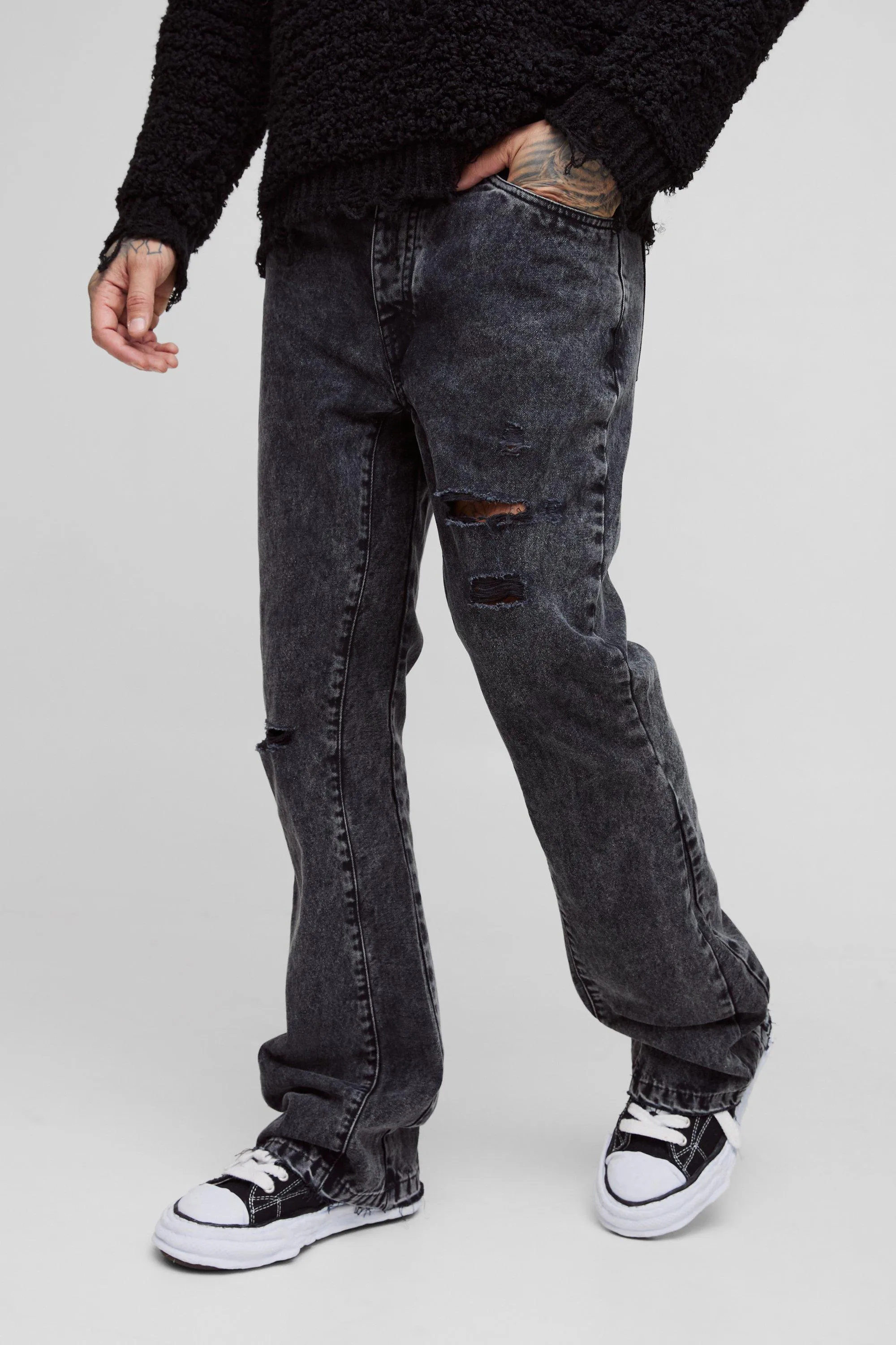 Tall Slim Rigid Flare Distressed Gusset Panel Acid Washed Jeans