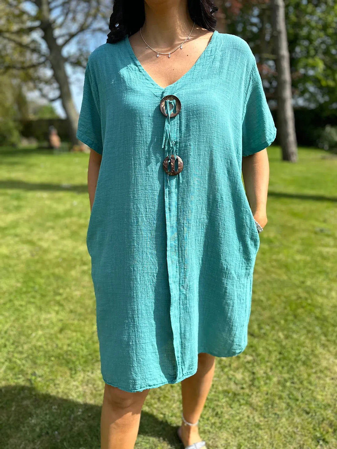 Teal V Neck Button Tunic Dress Sandra