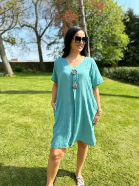 Teal V Neck Button Tunic Dress Sandra