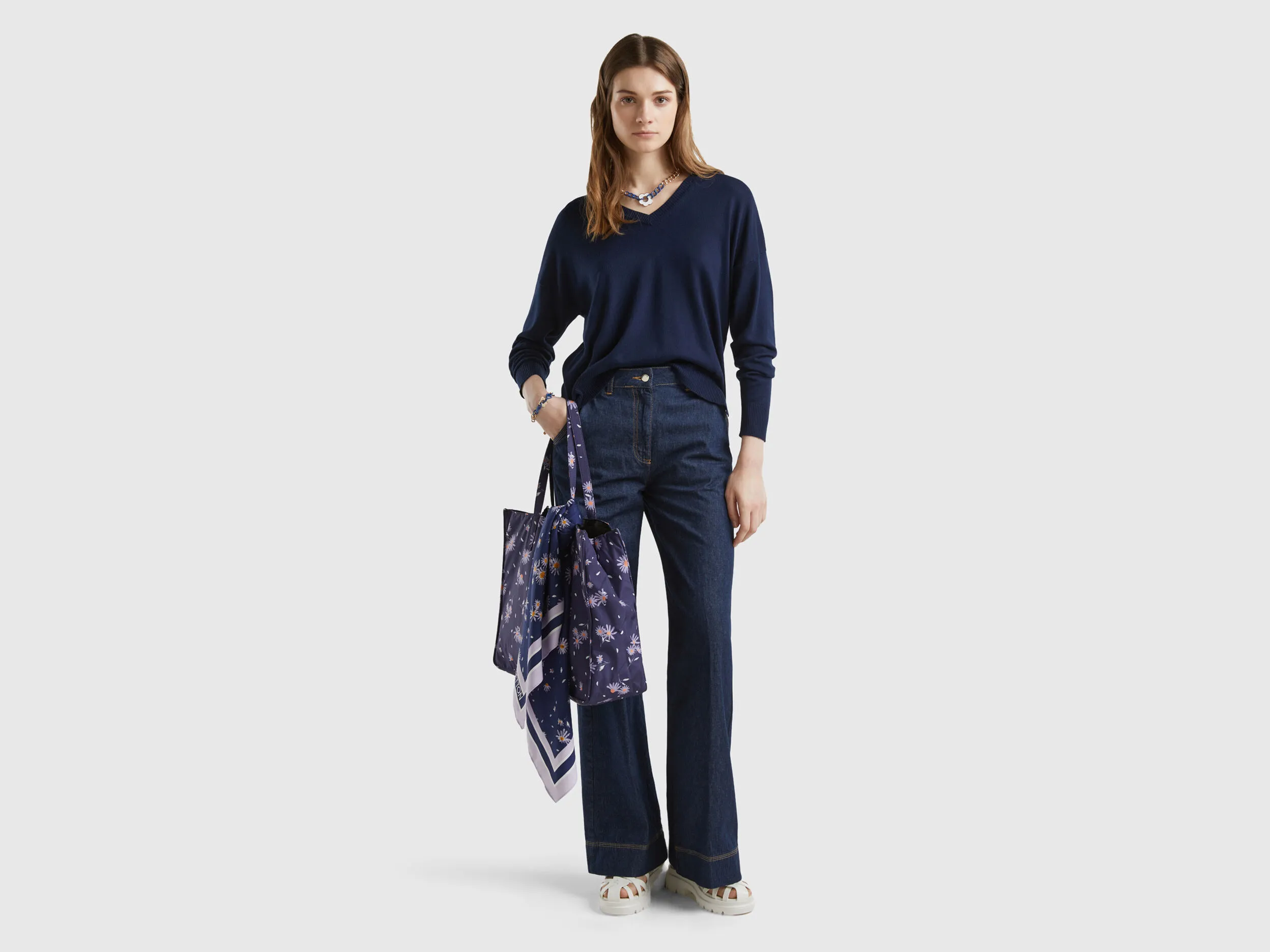 V-neck sweater in Modal® blend - Dark Blue | Benetton