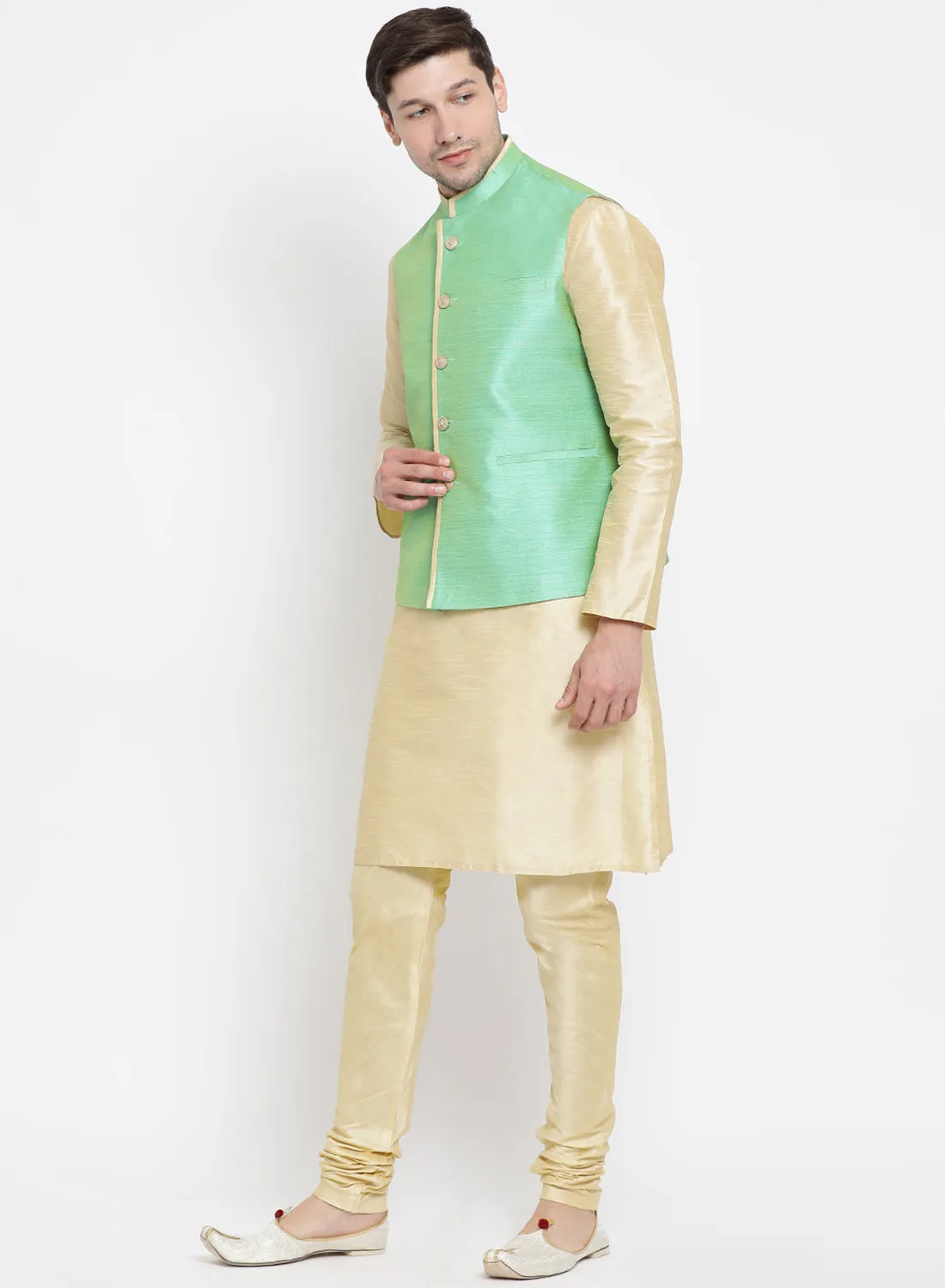 VASTRAMAY Men's Cream Cotton Silk Blend Kurta, Nehru Jacket and Pyjama Set