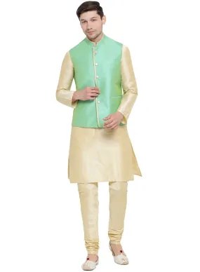 VASTRAMAY Men's Cream Cotton Silk Blend Kurta, Nehru Jacket and Pyjama Set