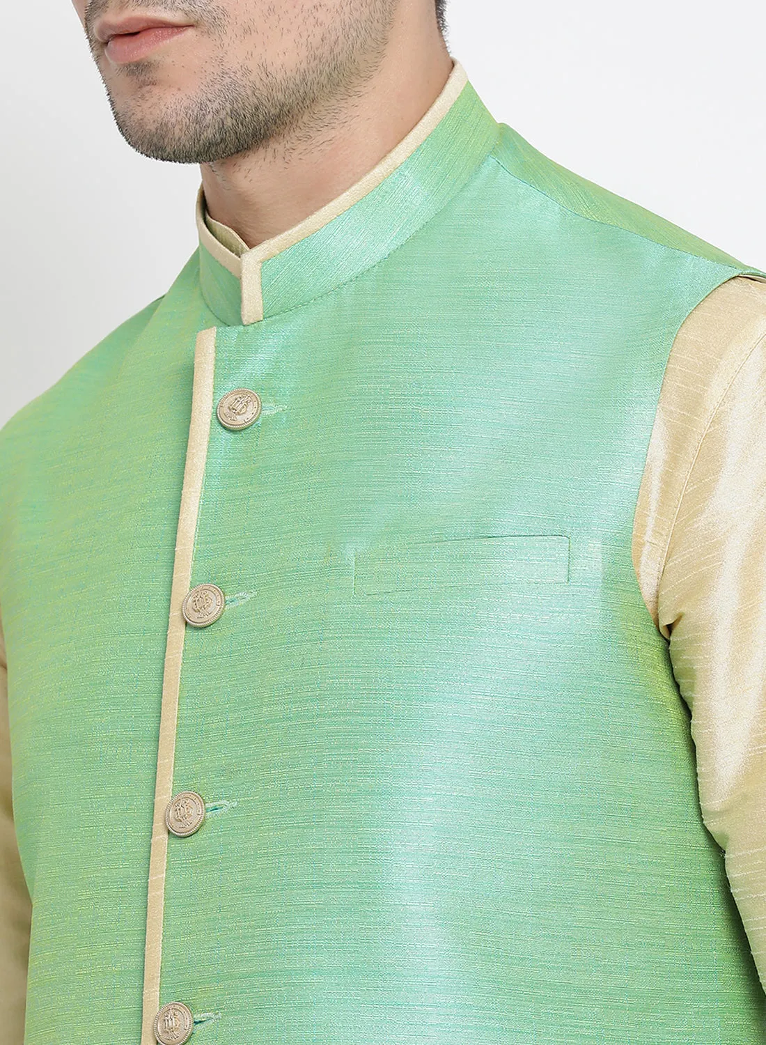 VASTRAMAY Men's Cream Cotton Silk Blend Kurta, Nehru Jacket and Pyjama Set