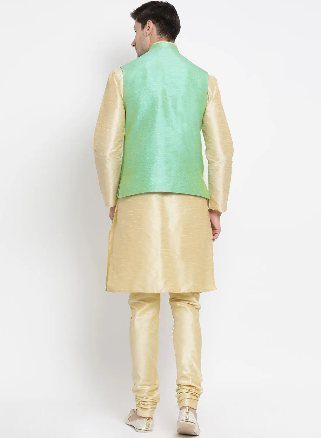 VASTRAMAY Men's Cream Cotton Silk Blend Kurta, Nehru Jacket and Pyjama Set