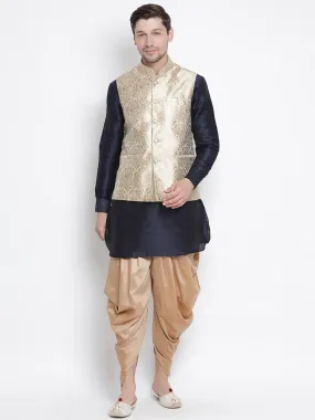 VASTRAMAY Men's Dark Blue Cotton Silk Blend Ethnic Jacket, Kurta and Dhoti Pant Set