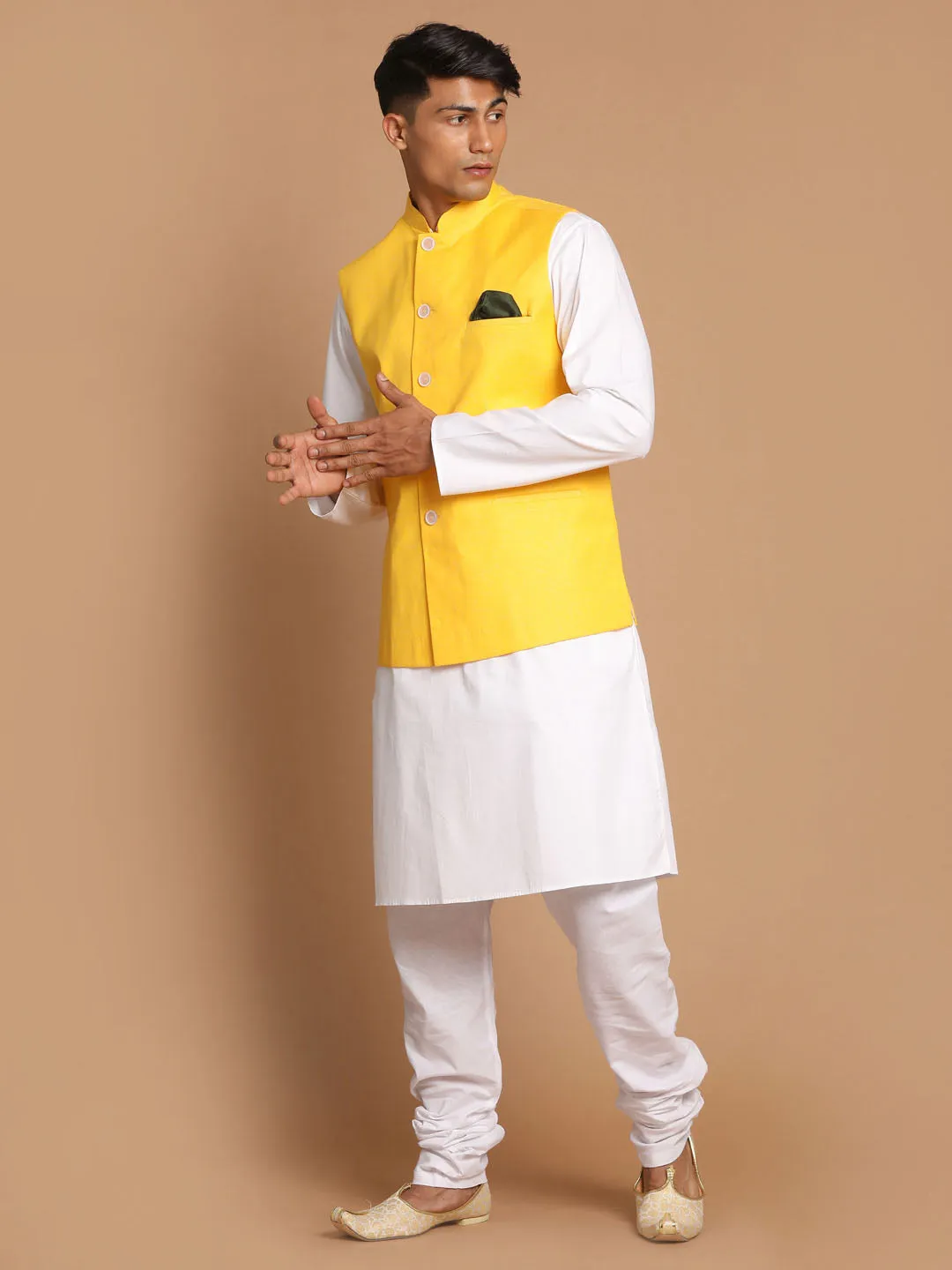 VASTRAMAY Men's White Cotton Kurta, Solid Royal Nehru Jacket and Pyjama Set