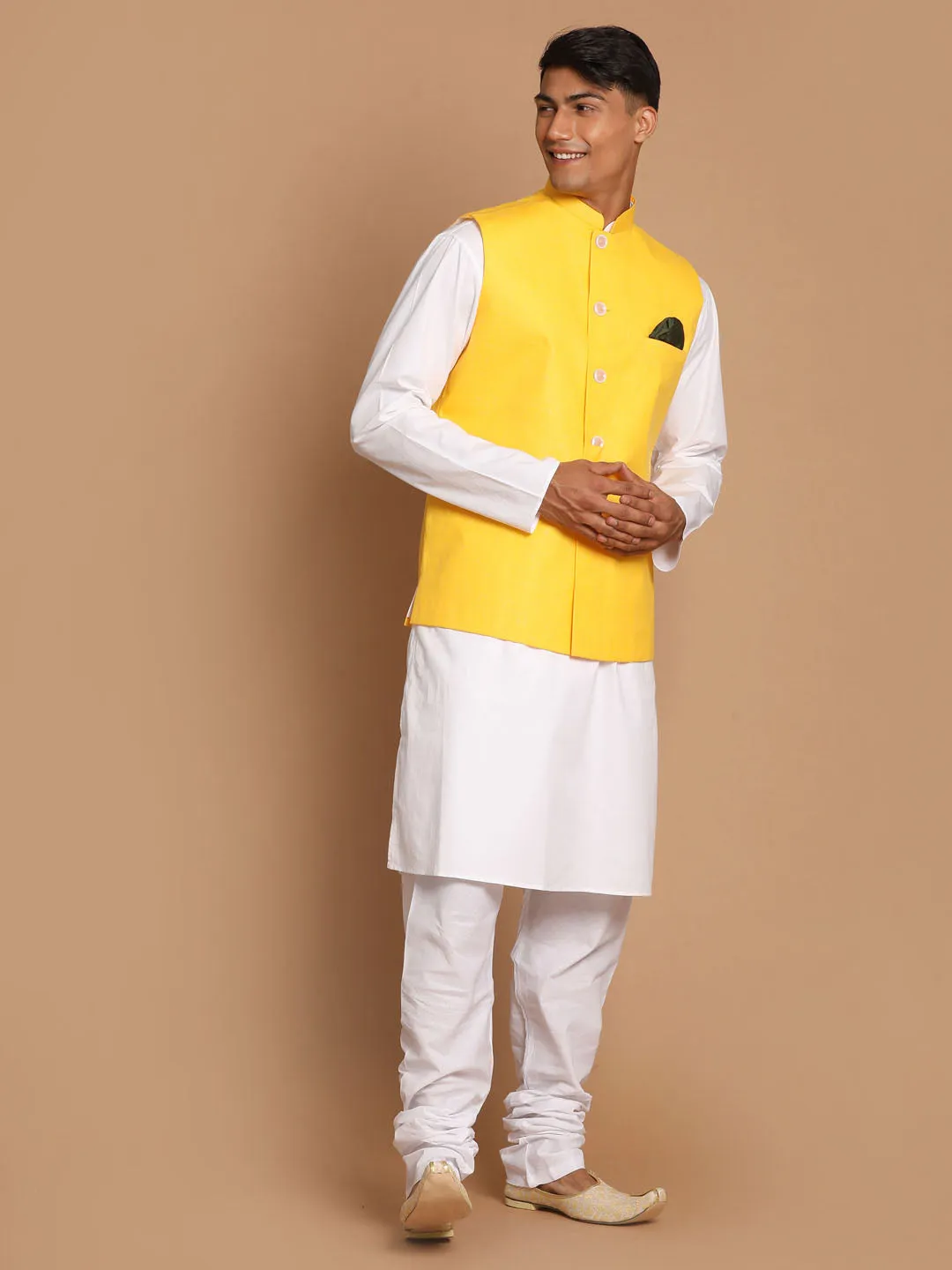 VASTRAMAY Men's White Cotton Kurta, Solid Royal Nehru Jacket and Pyjama Set