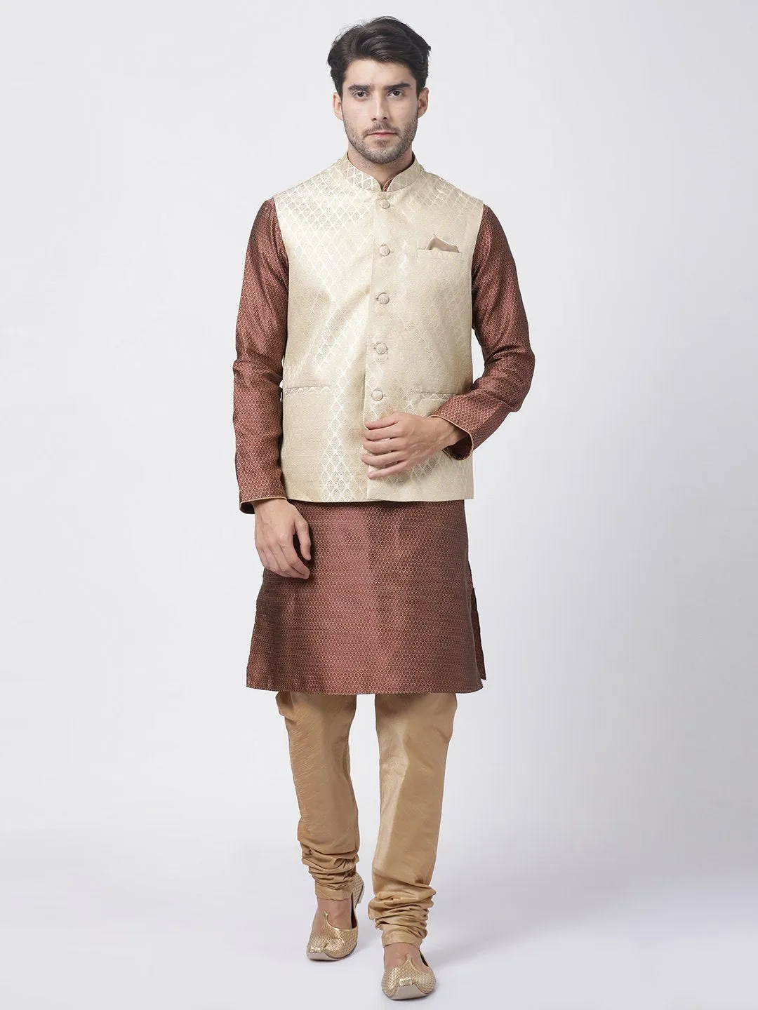 VM By VASTRAMAY Men's Cream Silk Blend Jacket With Kurta Pyjama Set