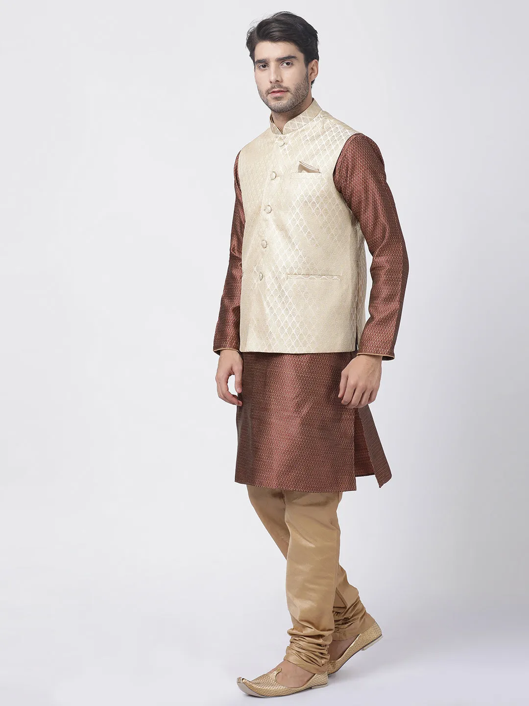 VM By VASTRAMAY Men's Cream Silk Blend Jacket With Kurta Pyjama Set