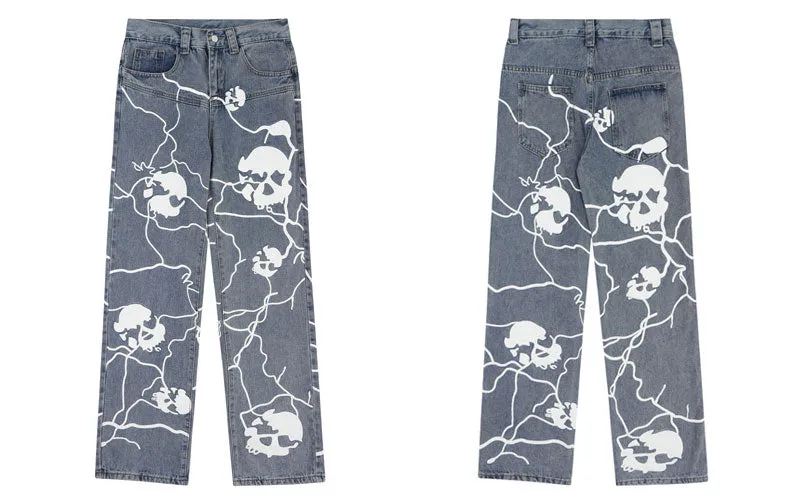 Voltage 'Veil' Skull Print Baggy Denim Jeans