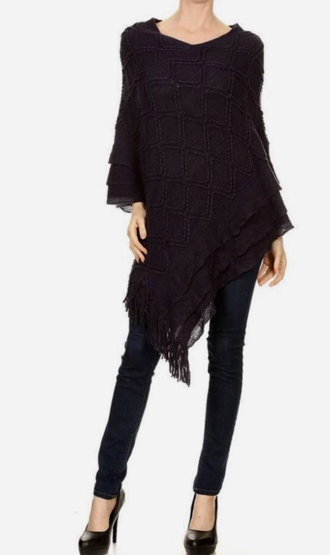 Womens Fringed Sweater Poncho Shawl Black Size OS