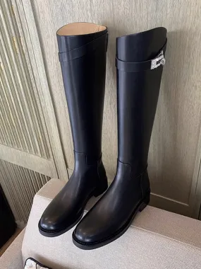 Women's Knee High Boots Black Round Toe Lock Detail Flat Riding Boots