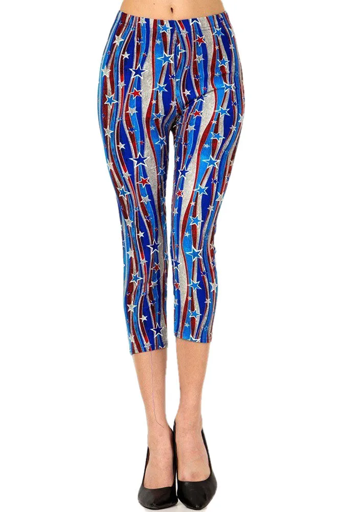 Women's Plus Flying Star 4th of July Printed Cropped Capri Leggings